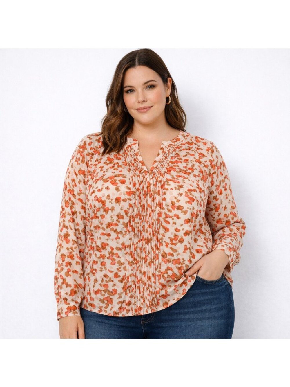 Talbots Womens Plus Size 1X Pintuck Front Blouse Long Sleeve Coral Orange Print